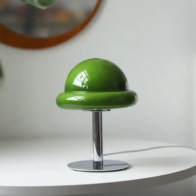 DecorBites™ mushroom table lamp with vibrant green glossy acrylic shade and sleek chrome stem and base