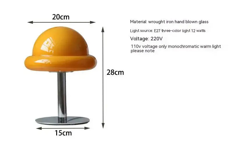 Vibrant yellow hand-blown glass mushroom table lamp with sleek chrome base by DecorBites™ Bauhaus furniture