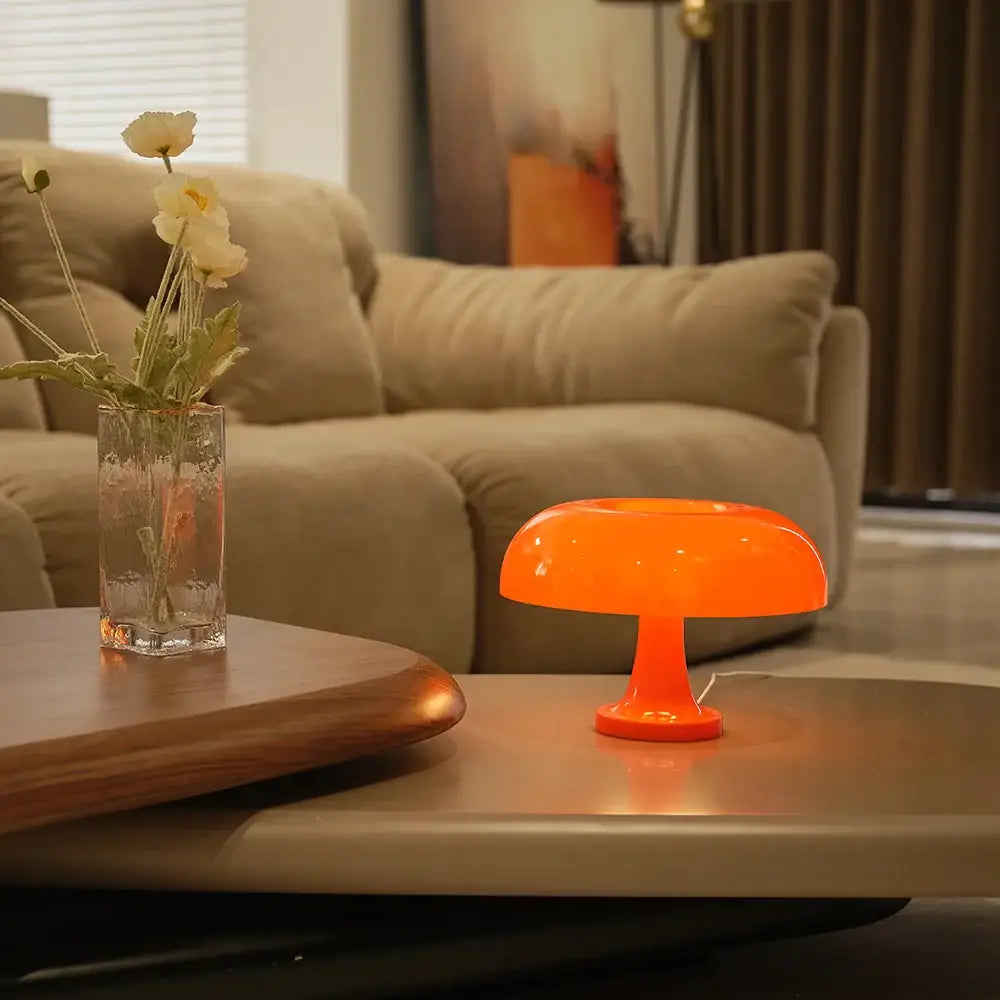 Vibrant orange decorbites mushroom table lamp with glossy plastic finish usb plug for modern bedroom bedside use