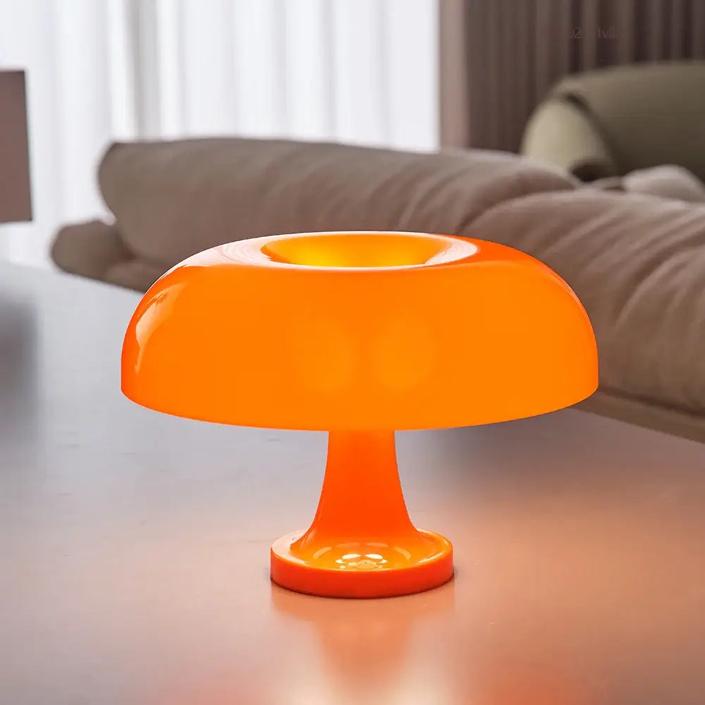 DecorBites™ vibrant orange mushroom table lamp with glossy translucent plastic body and warm glowing usb plug light