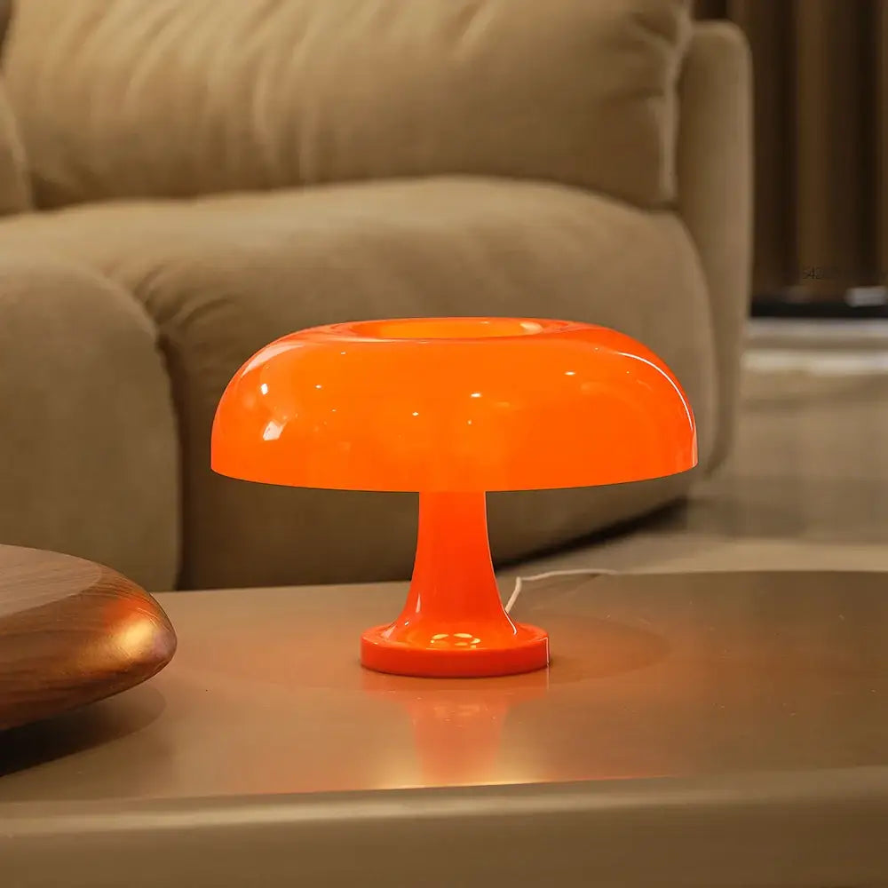 Vibrant orange decorbites™ mushroom table lamp with glossy plastic finish and usb plug for modern bedroom decor