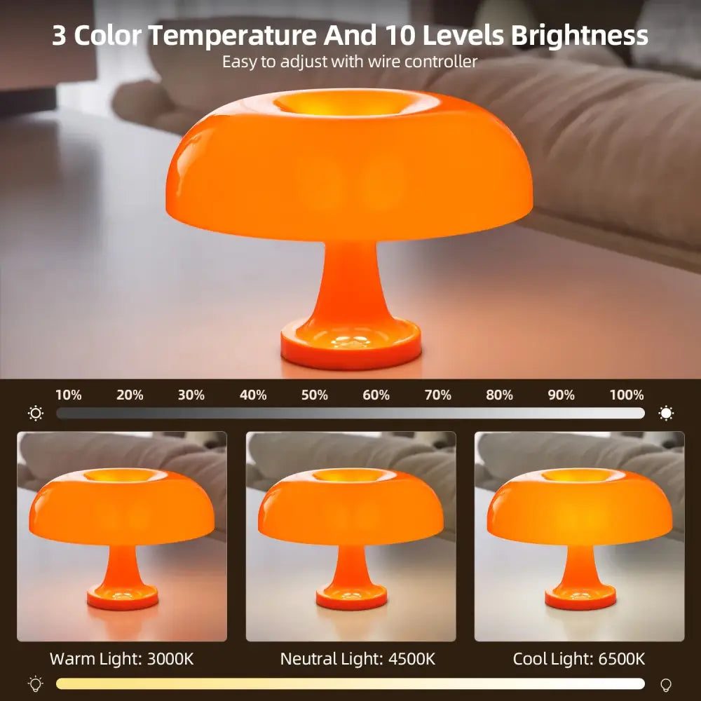 Orange DecorBites™ mushroom table lamp with adjustable brightness and usb plug for modern bedroom bedside use