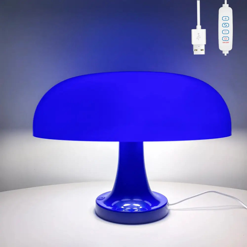 Vibrant blue usb plug mushroom table lamp with glossy finish designed by DecorBites for modern bedroom decor