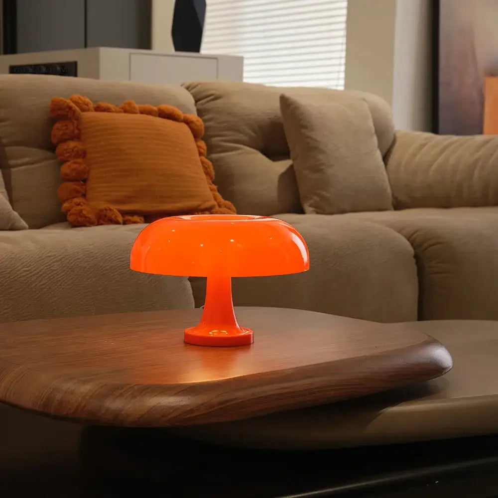 DecorBites™ vibrant orange mushroom table lamp with smooth glossy plastic finish and usb plug for modern bedside use