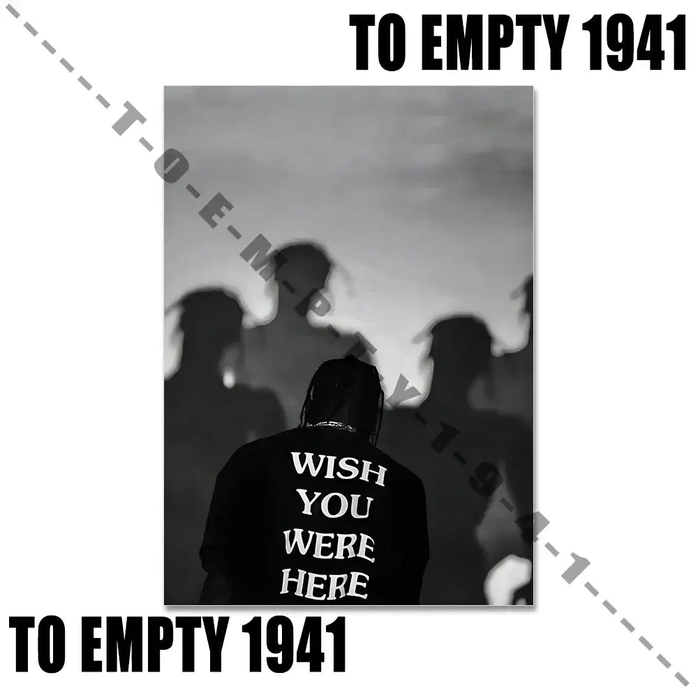 Black and white photographic print showing the back of a person wearing a black jacket with wish you were here text in decorbites™ music album covers poster set
