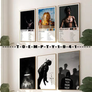 Six framed album covers posters featuring travis scott and jack skellington artwork with thin gold borders DecorBites music album covers set