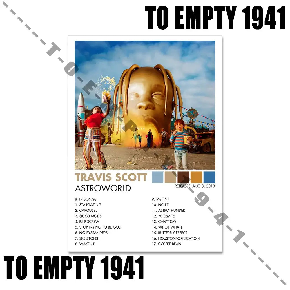 Decorbites™ music album covers poster set featuring travis scott astroworld golden face and colorful amusement park background