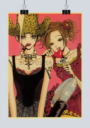 Vibrant nana anime kraft paper poster set featuring two stylized female characters in bold outfits on red background