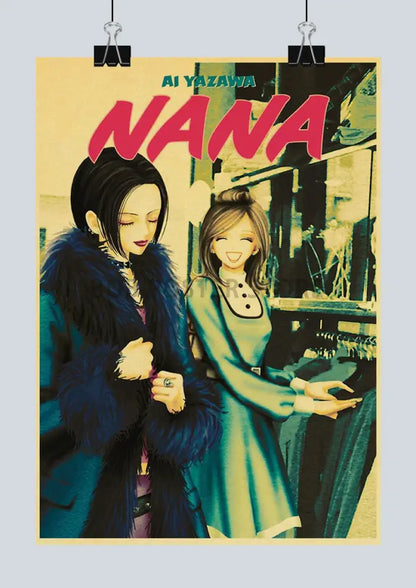 Vintage-style nana anime kraft poster featuring two characters in stylish coats on retro cafe decor backdrop