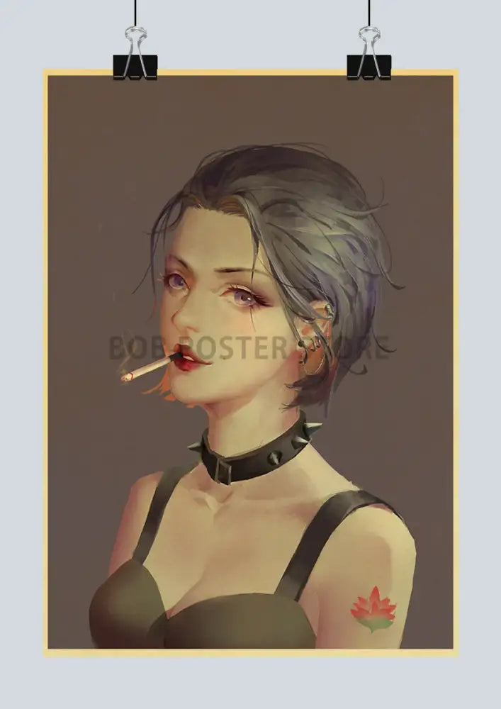 A nana anime kraft poster featuring a woman with short gray hair wearing a black choker and olive green top holding a cigarette