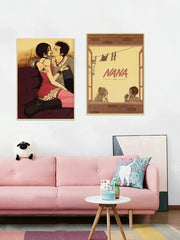 Pink tufted sofa with sheep plush toy on left armrest featuring a decorbites nana anime kraft poster retro 2021 design