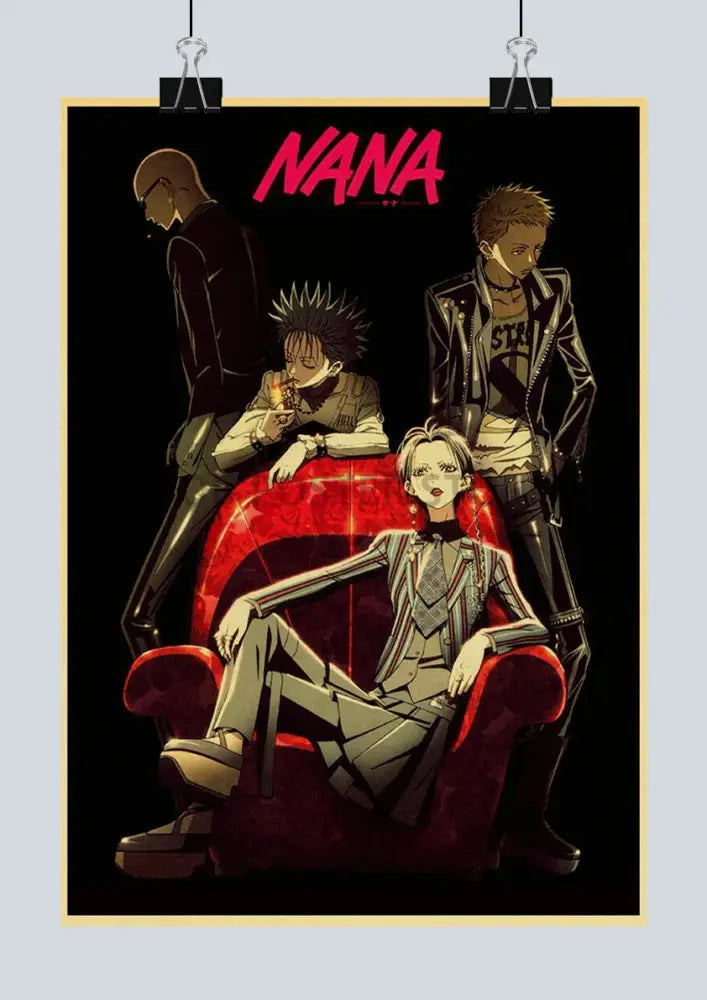 Black nana anime posters featuring four stylized characters on a red couch in retro kraft style by DecorBites™