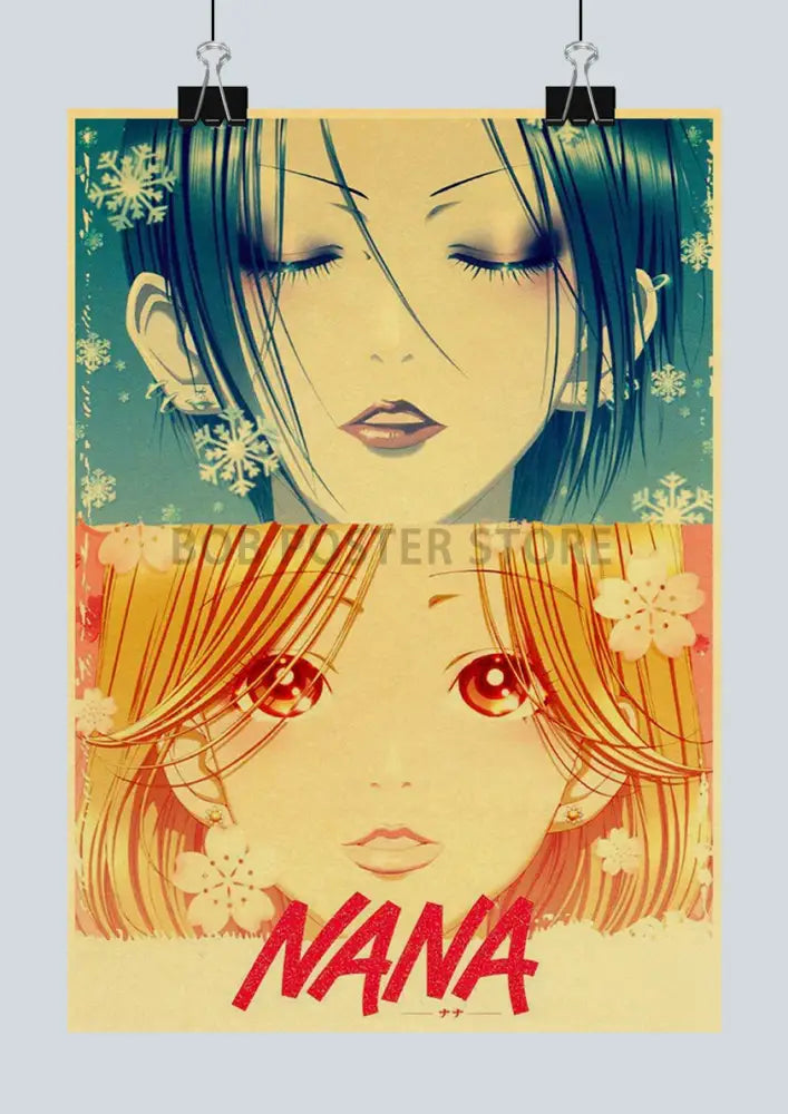 Vintage-style nana anime poster on retro kraft paper featuring two illustrated faces with floral motifs by DecorBites™