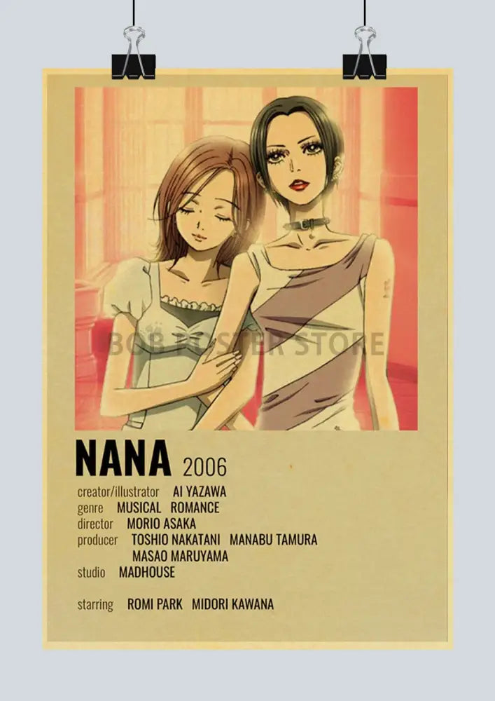 Vintage-style nana anime poster printed on beige retro kraft paper featuring film characters and cast details