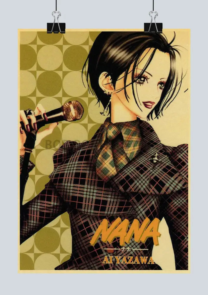 Vintage-style nana anime poster on retro kraft paper featuring ai yazawa character in plaid suit with microphone