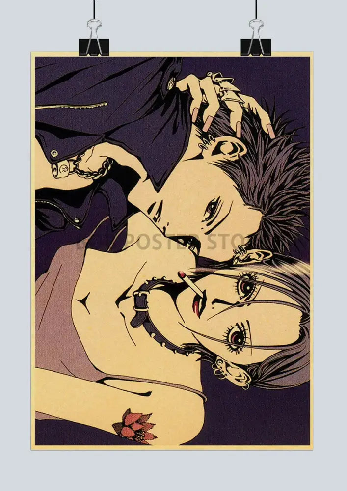 Vintage-style NANA anime poster on retro kraft paper featuring two characters in intimate pose with sepia tones