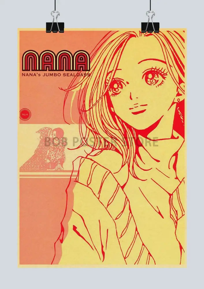 A vibrant orange and red retro kraft paper anime poster featuring a stylized girl in a striped top from DecorBites™