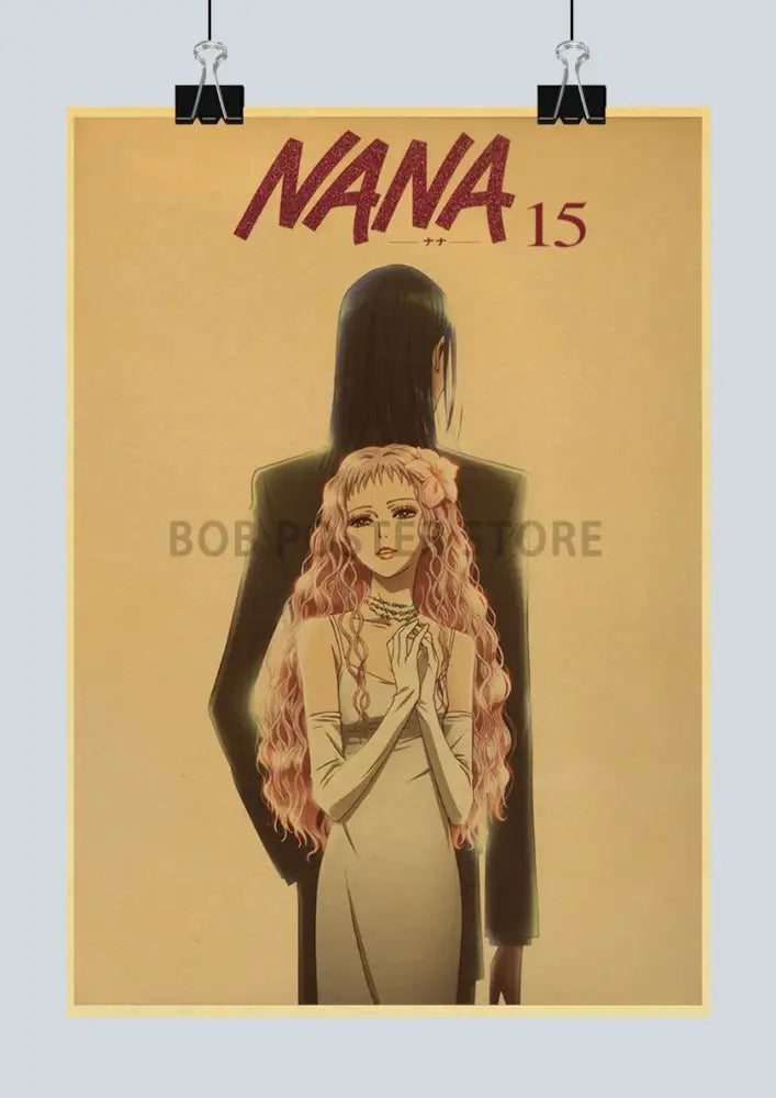 Vintage-style retro kraft paper poster of nana anime with sepia illustration of two characters in black and light attire