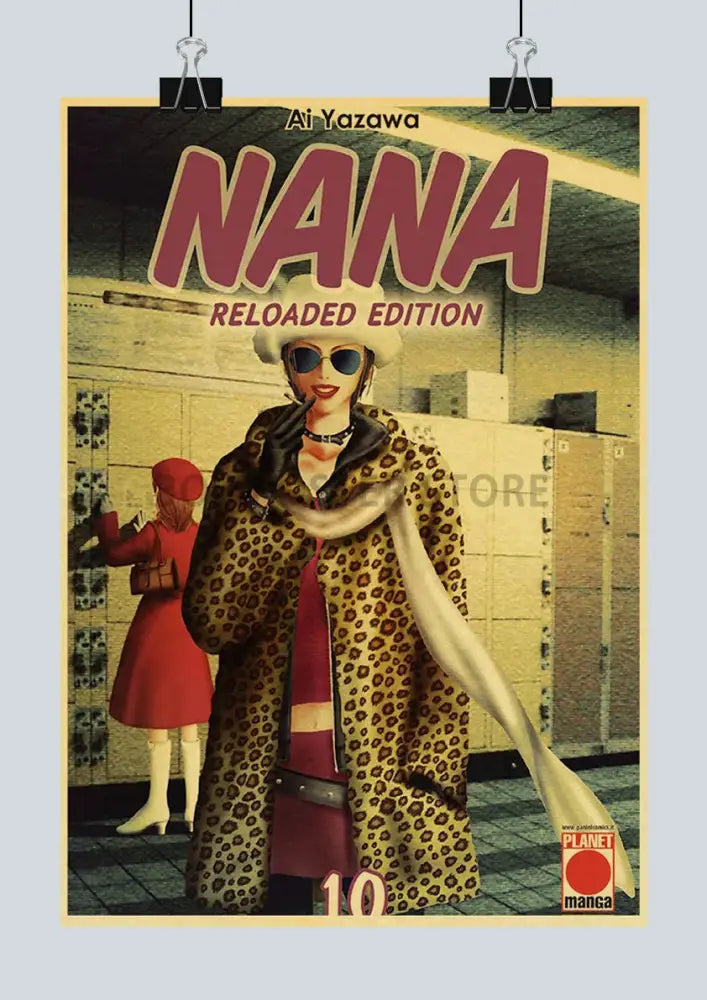 A vintage-style nana reloaded edition anime poster on retro kraft paper featuring a woman in leopard-print coat and white hat