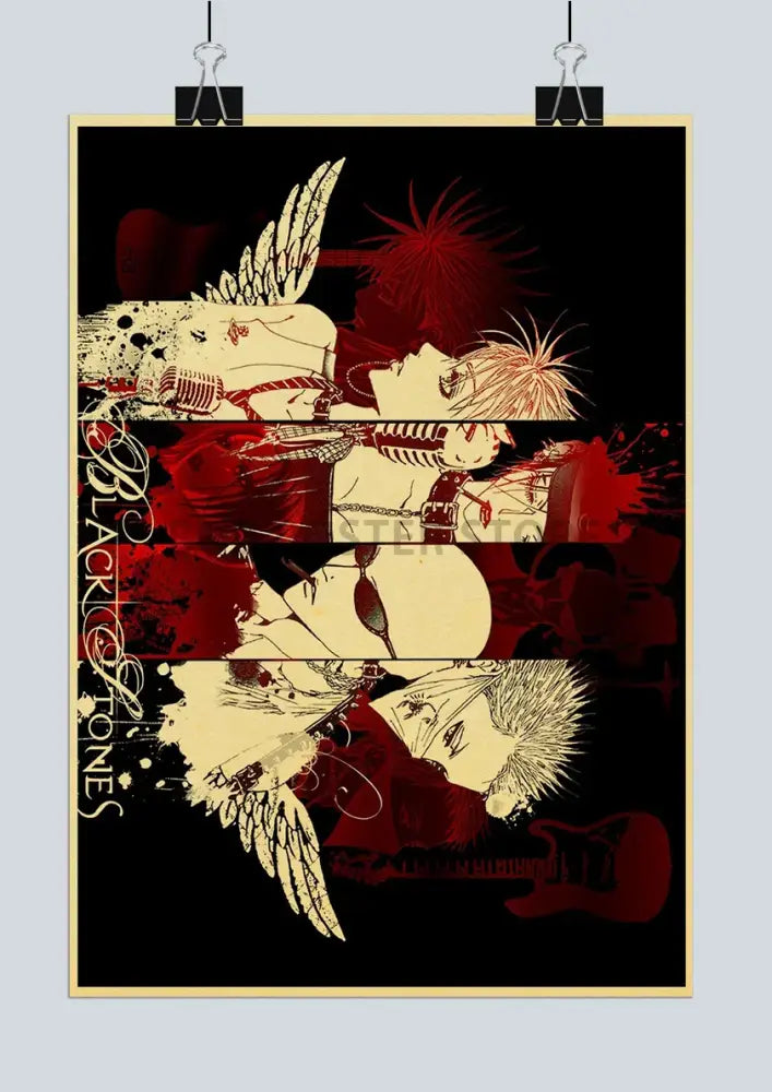 Decorbites™ nana anime poster in black and red featuring winged characters on retro kraft paper with distressed design