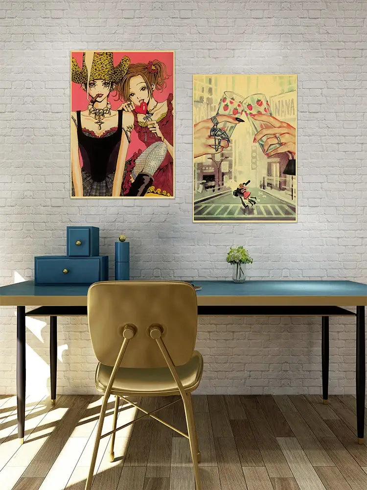 Gold metal chair with cushioned seat and backrest paired with DecorBites™ nana anime posters on retro kraft paper