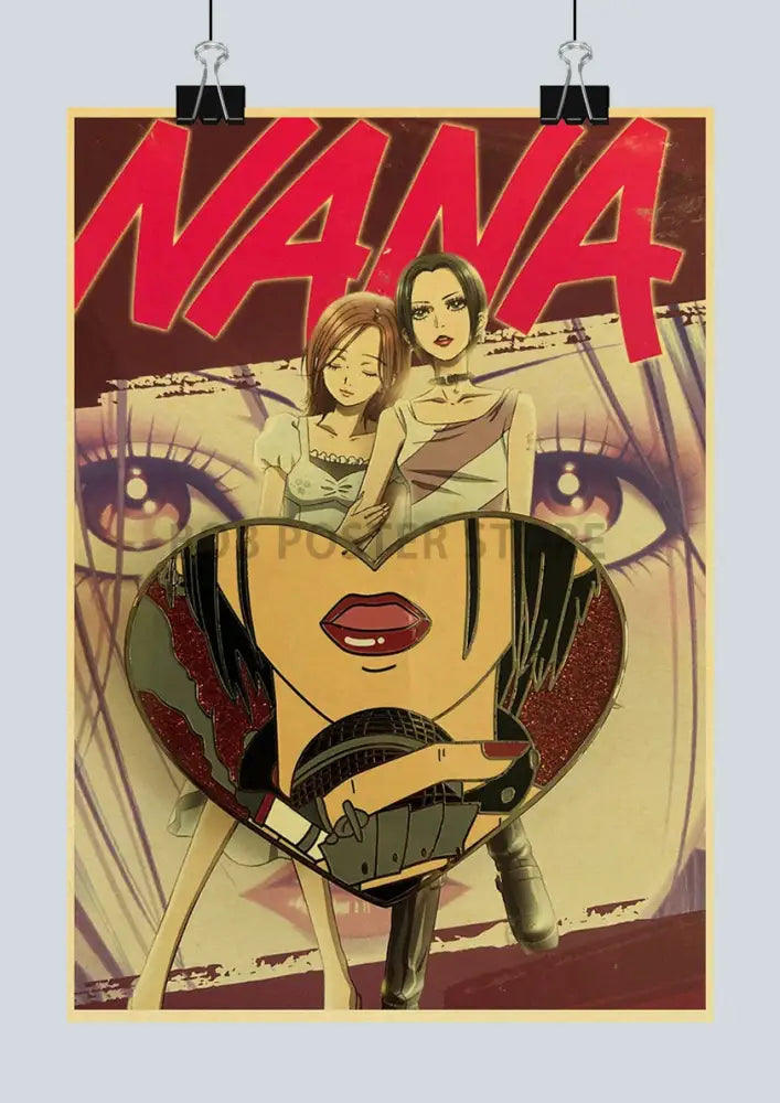 Heart-shaped enamel pin with stylized anime character and bold red lips on retro kraft paper nana poster background