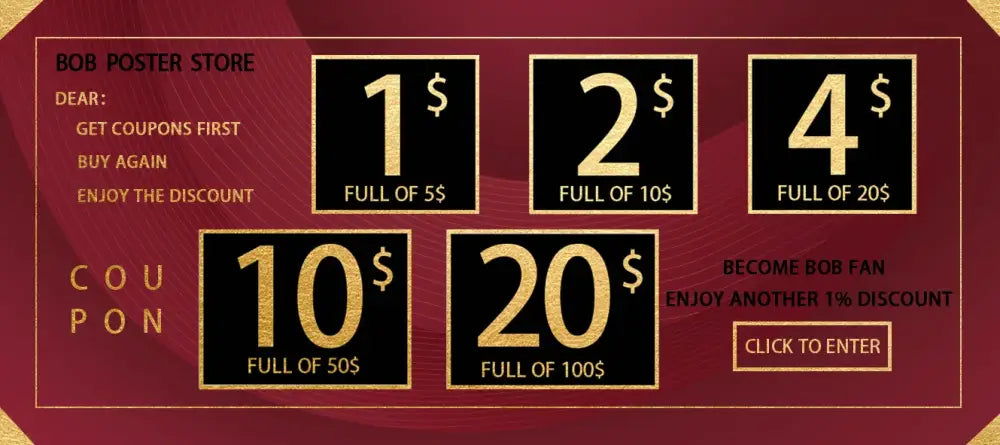 Red promotional coupon for bob poster store featuring gold discounts on black squares for retro kraft paper anime posters