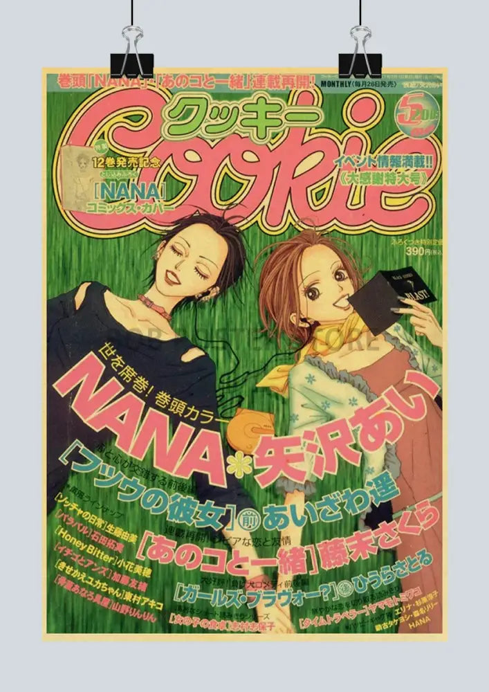 Vibrant green and pink manga magazine cover featuring two anime women on retro kraft paper print by decorbites™ nana