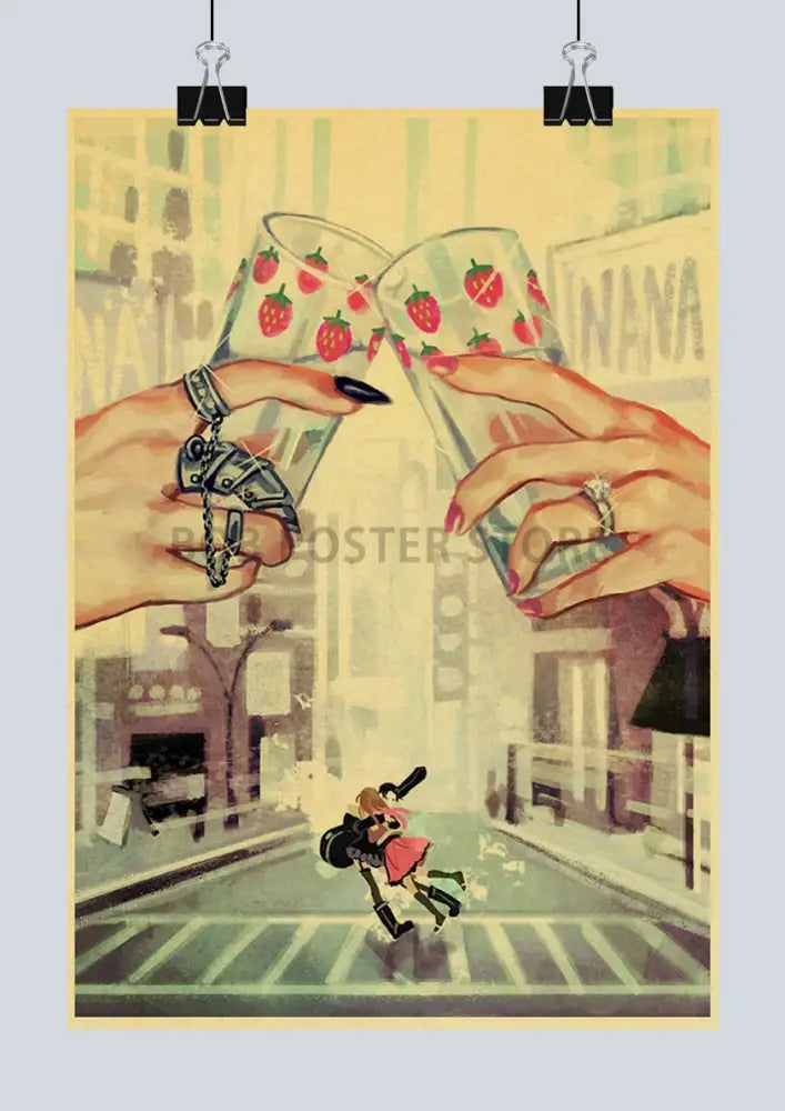 Vintage-style nana anime poster kraft paper sticker featuring two hands toasting with strawberry glasses and cityscape