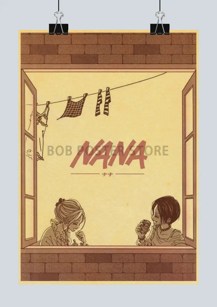 Vintage-style nana anime posters kraft paper sticker featuring two characters by window with brickwork and laundry hanging