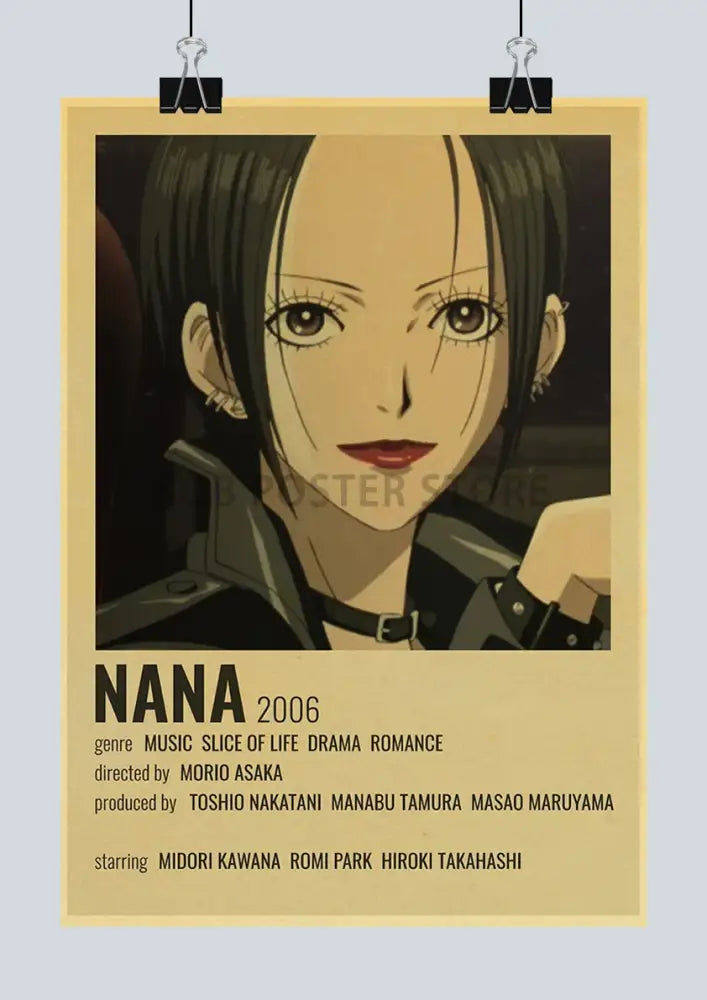 Vintage-style nana anime poster featuring dark hair and red lips printed on beige kraft paper sticker by decorbites