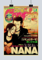 Decorbites™ nana anime retro kraft poster set featuring vibrant yellow cover with two characters in stylish dark outfits
