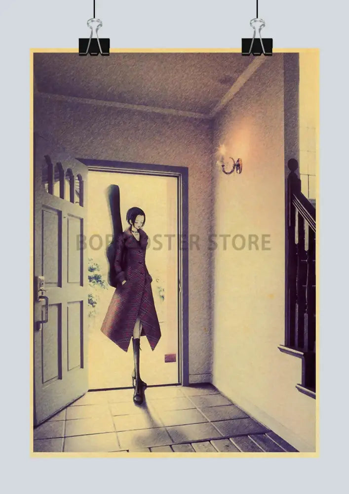 A vintage-style retro kraft poster from decorbites™ nana anime featuring a woman with a guitar case in a sunlit hallway