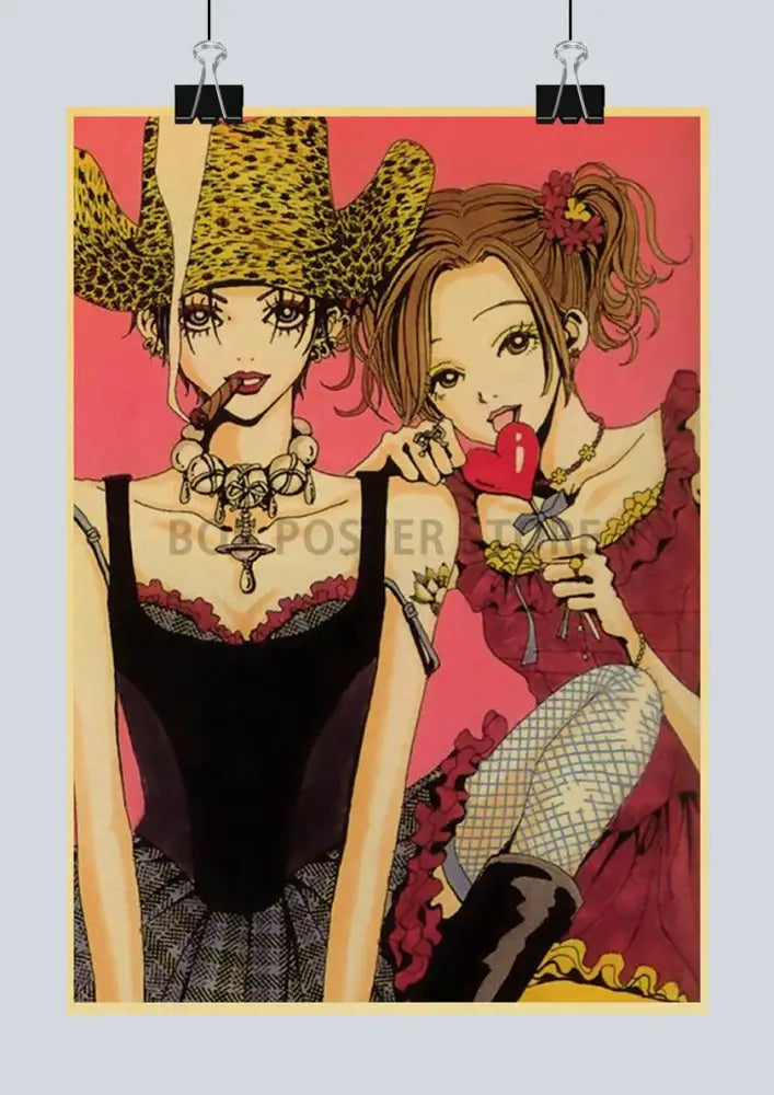 A vibrant nana anime retro poster featuring two stylized female characters in leopard print and red outfits