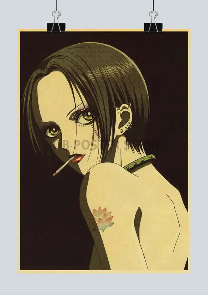 Vintage-style nana anime retro poster featuring a character with short dark hair, green eyes, and a cigarette