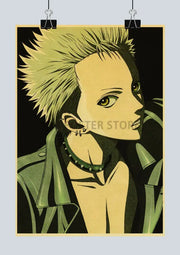 Yellow and green stylized anime retro poster of spiky haired nana anime character with piercing eyes and spiked choker