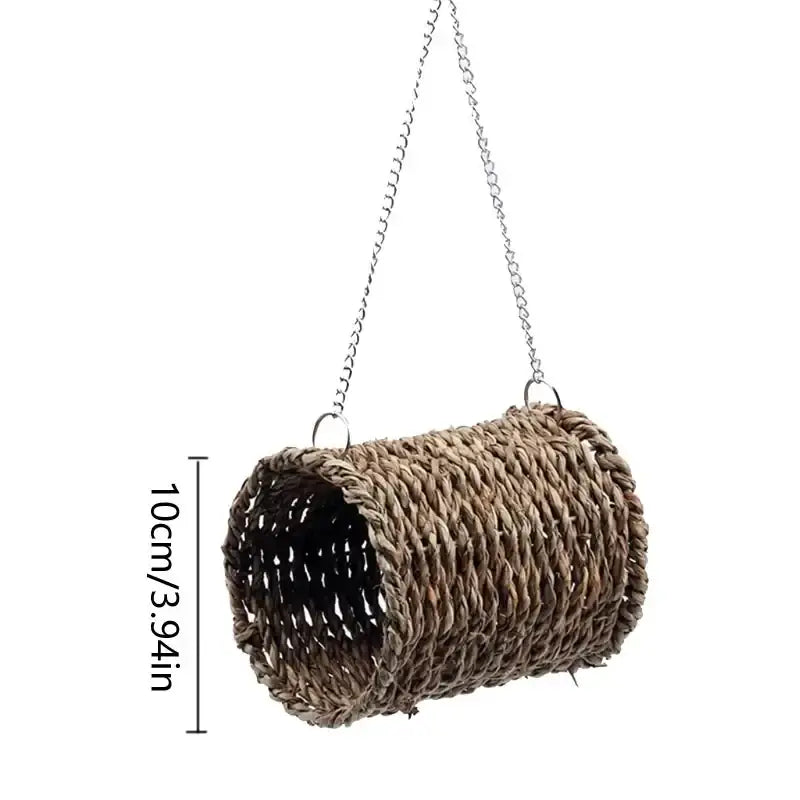 Brown woven hanging pet tunnel with silver chain in decorbites natural grass bird cage for outdoor style birds nest
