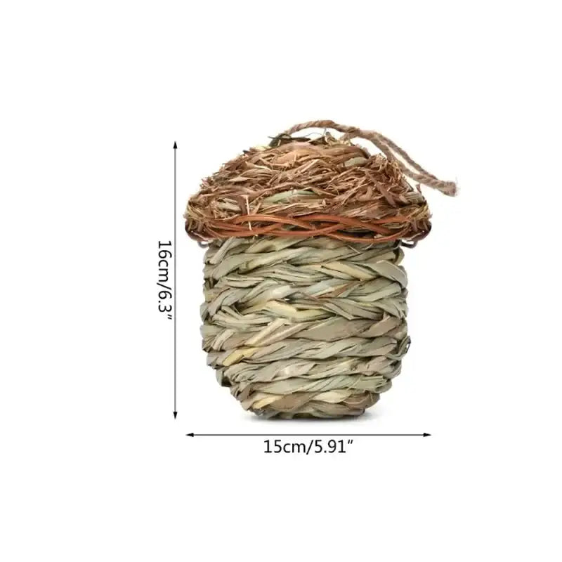 Handcrafted acorn-shaped pet toy made from natural fibers with braided top loop for hanging in decorbites natural grass bird cage style birds nest