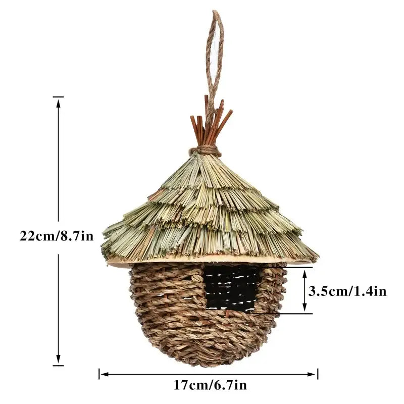 Decorbites natural grass bird cage handwoven with a thatched roof hanging loop style birds nest for outdoor decor
