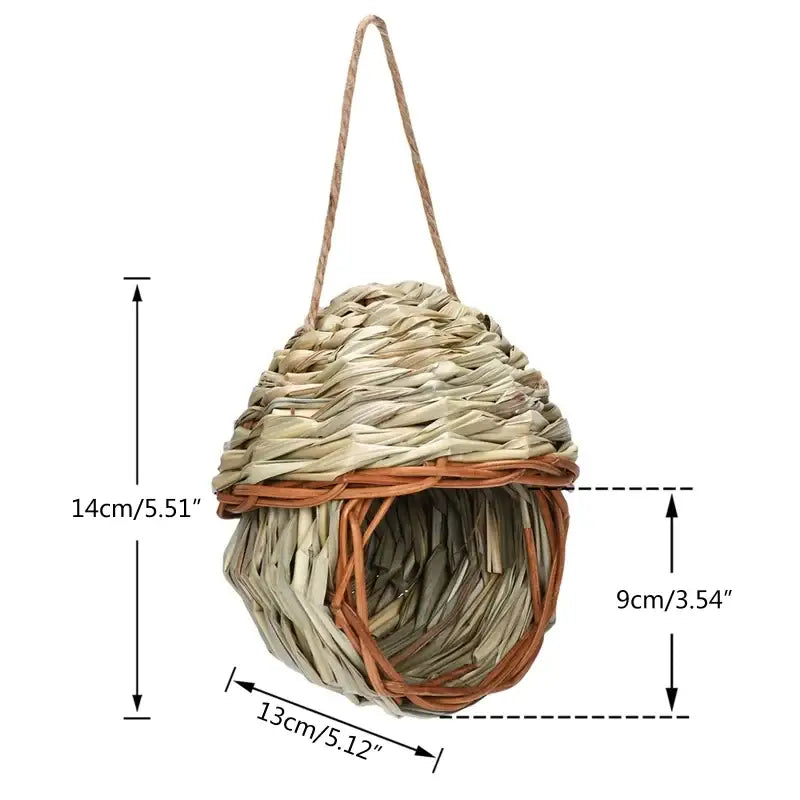 Decorbites™ natural grass bird cage with handwoven straw roof and brown wicker base style birds nest for outdoor decor
