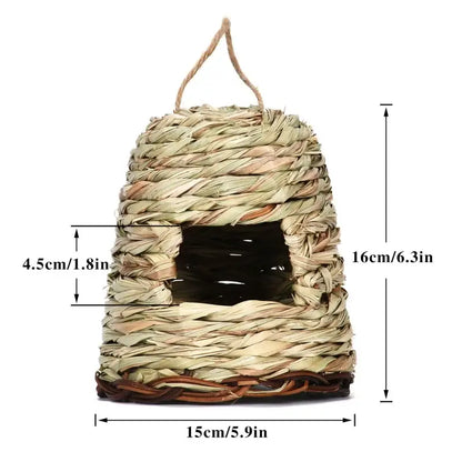 Decorbites natural grass bird cage with handwoven rustic textured exterior and dark interior for style birds nest outdoor decor