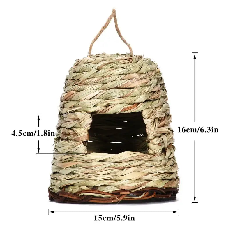 Decorbites natural grass bird cage with handwoven rustic textured exterior and dark interior for style birds nest outdoor decor
