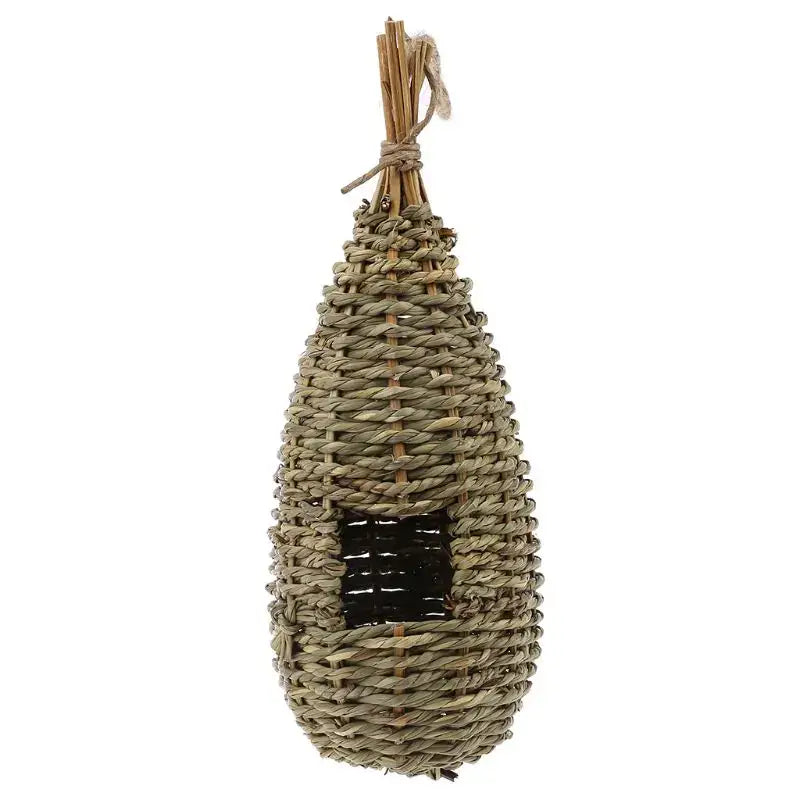 DecorBites natural grass bird cage with handwoven fibers, dark slatted entrance, and wooden handle for outdoor decor
