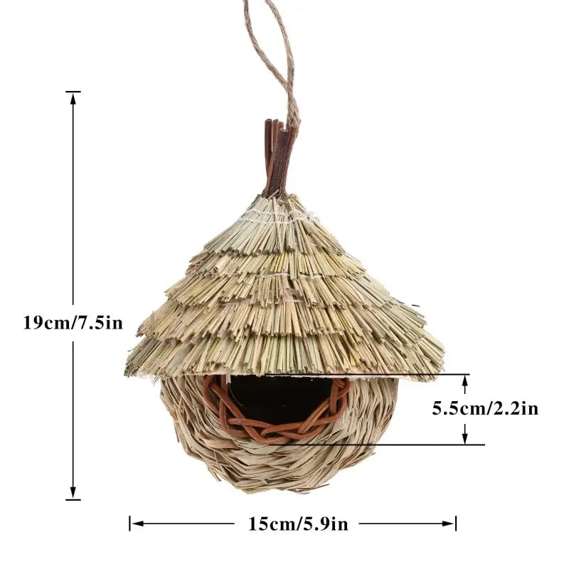 DecorBites™ natural grass bird cage handwoven straw birdhouse with thatched roof and rustic wooden dowels for hanging