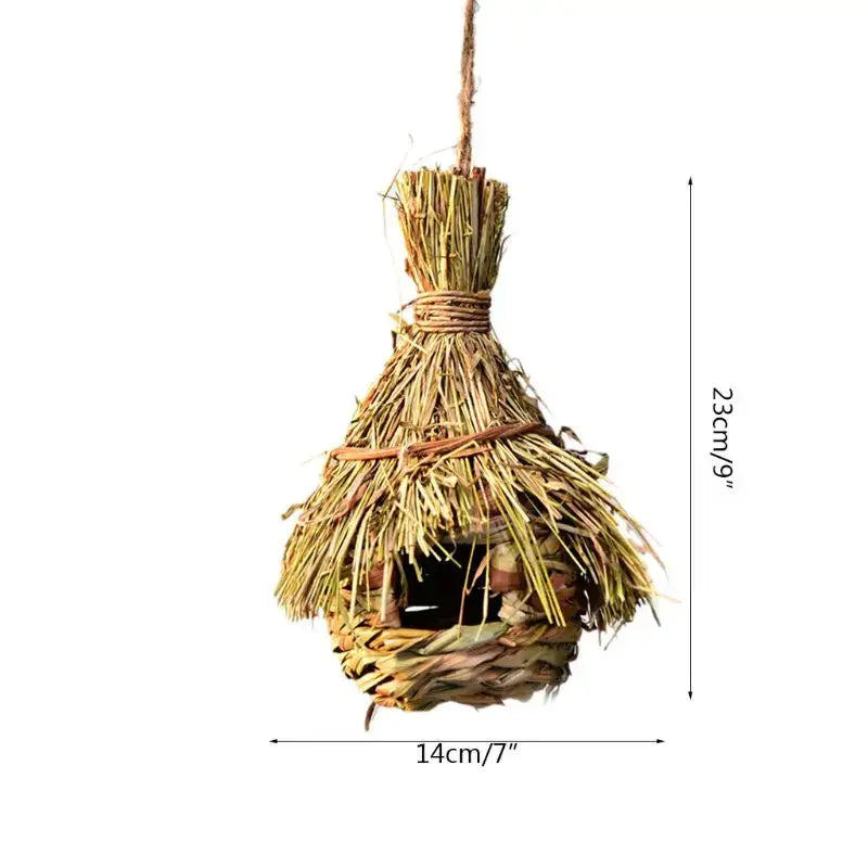 Decorbites natural grass bird cage handwoven straw birdhouse with rustic textured design in earthy tones for outdoor decor