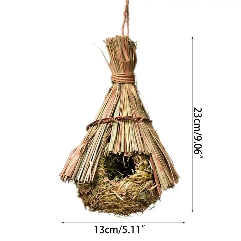 Decorbites™ natural grass bird cage featuring a rustic handcrafted straw style birds nest hanging with twine rope