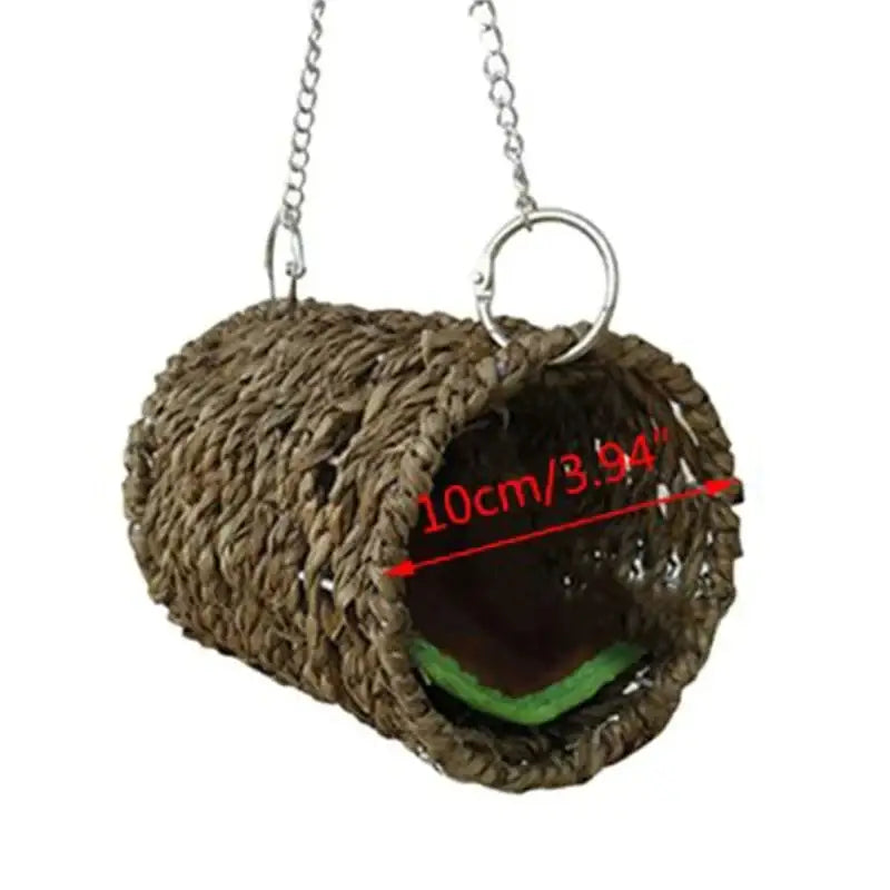 Brown woven natural grass bird cage parrot nest with silver chain and ring for hanging decor and birds