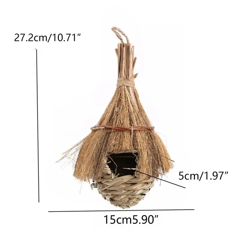 Handwoven natural grass bird cage with hanging loop and woven base for use as a parrot nest by DecorBites™