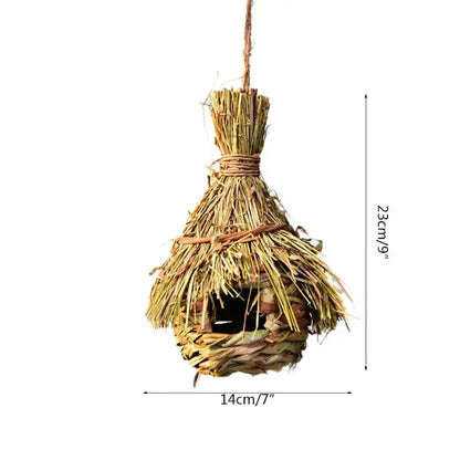 Handwoven natural grass bird cage parrot nest with rustic textured design in earthy tones by decorbites