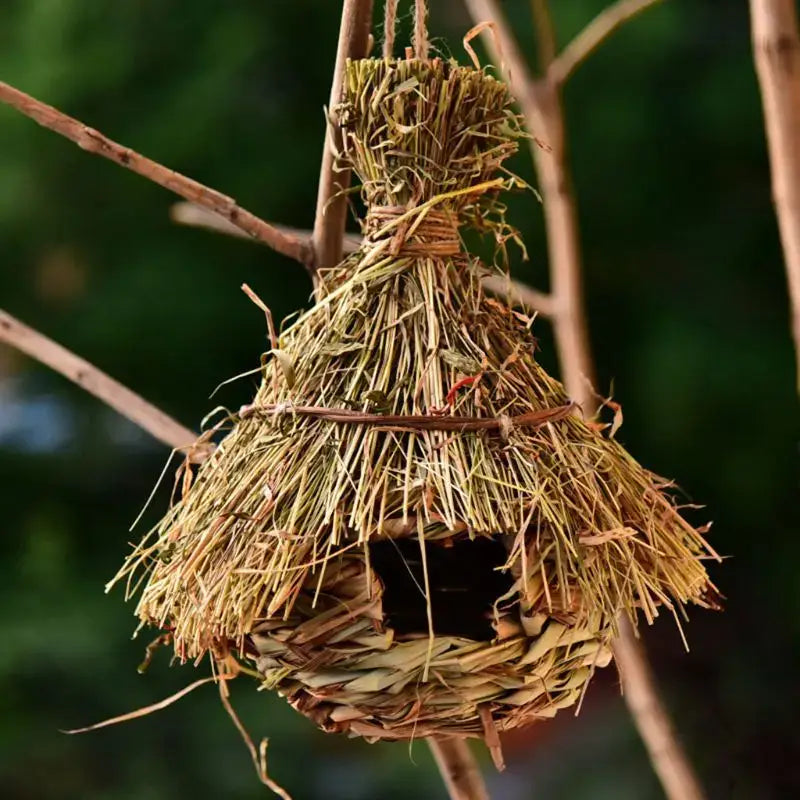 A rustic decorbites natural grass bird cage with a handwoven parrot nest made of dried straw and twigs